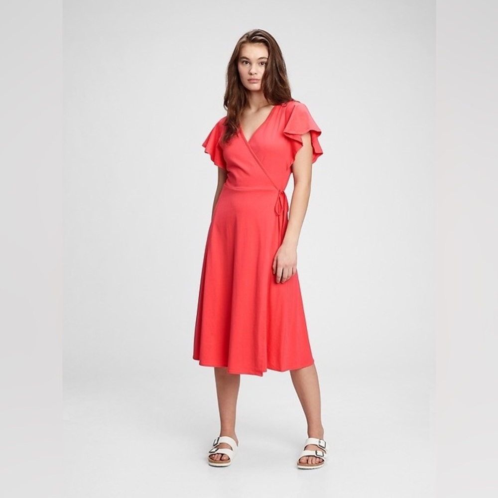 🆕 GAP Coral Wrap Midi Dress with Flutter Sleeves. $85 MSRP